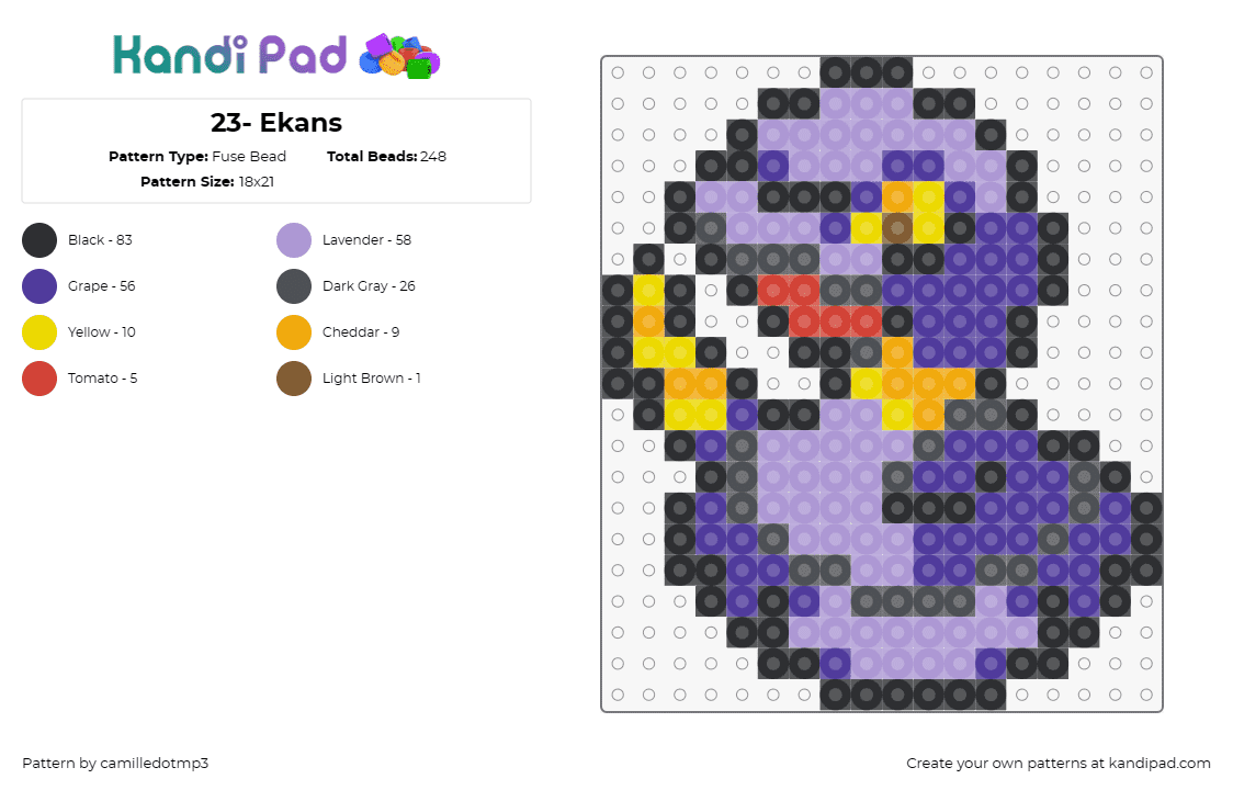 23- Ekans - Fuse Bead Pattern by camilledotmp3 on Kandi Pad - pokemon,ekans