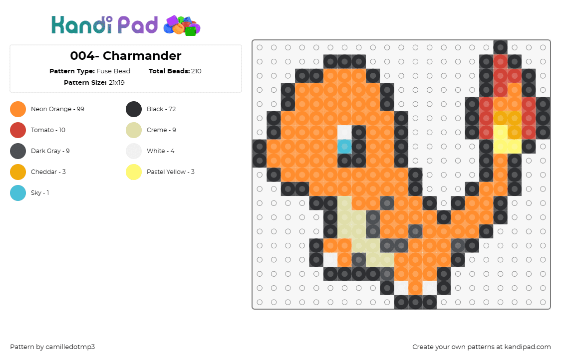 004- Charmander - Fuse Bead Pattern by camilledotmp3 on Kandi Pad - pokemon,charmander,anime,tv shows