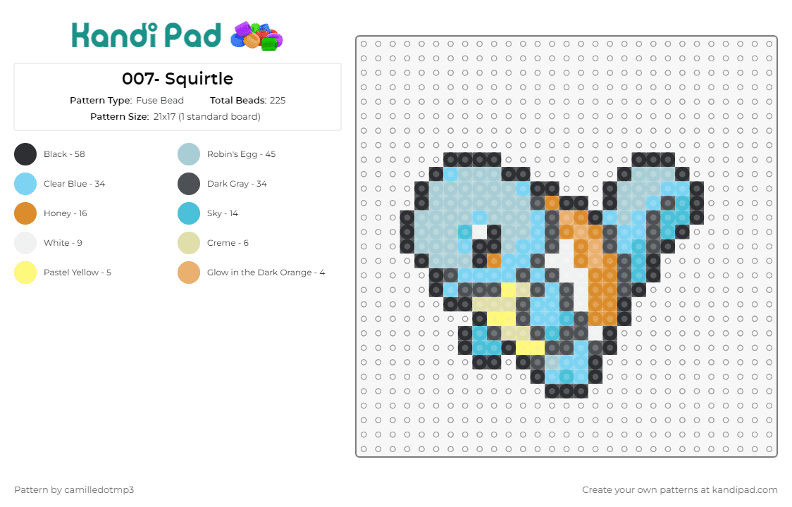 007- Squirtle - Fuse Bead Pattern by camilledotmp3 on Kandi Pad - pokemon,squirtle