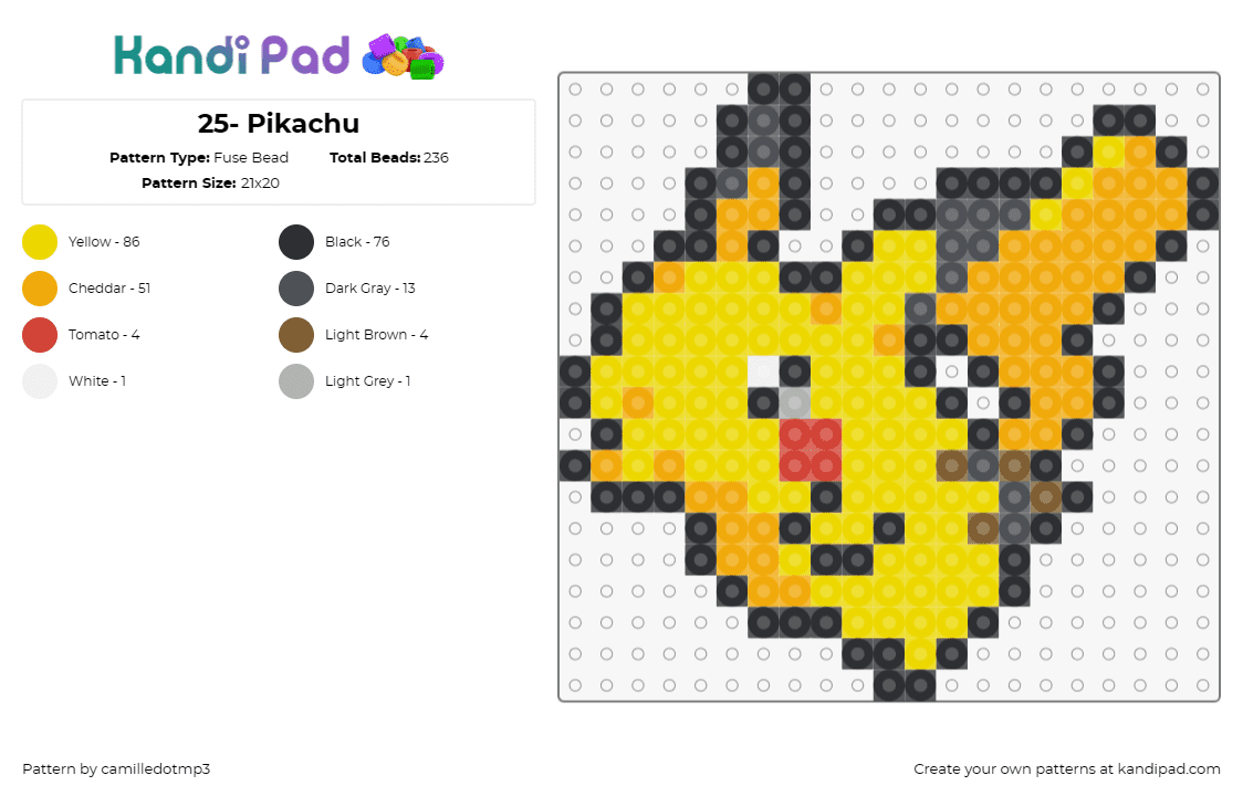 25- Pikachu - Fuse Bead Pattern by camilledotmp3 on Kandi Pad - pokemon,pikachu