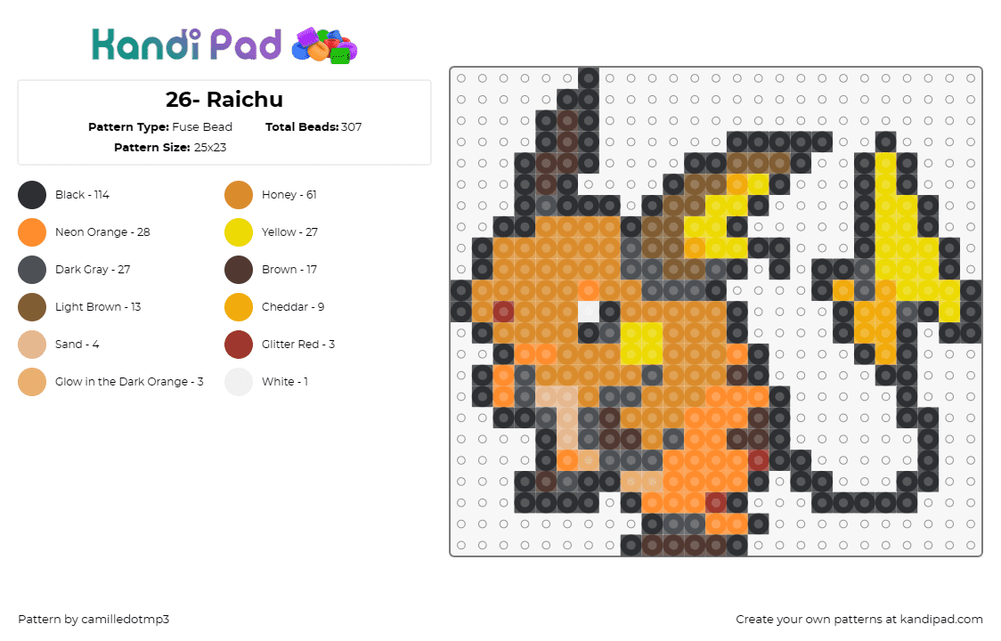 26- Raichu - Fuse Bead Pattern by camilledotmp3 on Kandi Pad - pokemon,raichu