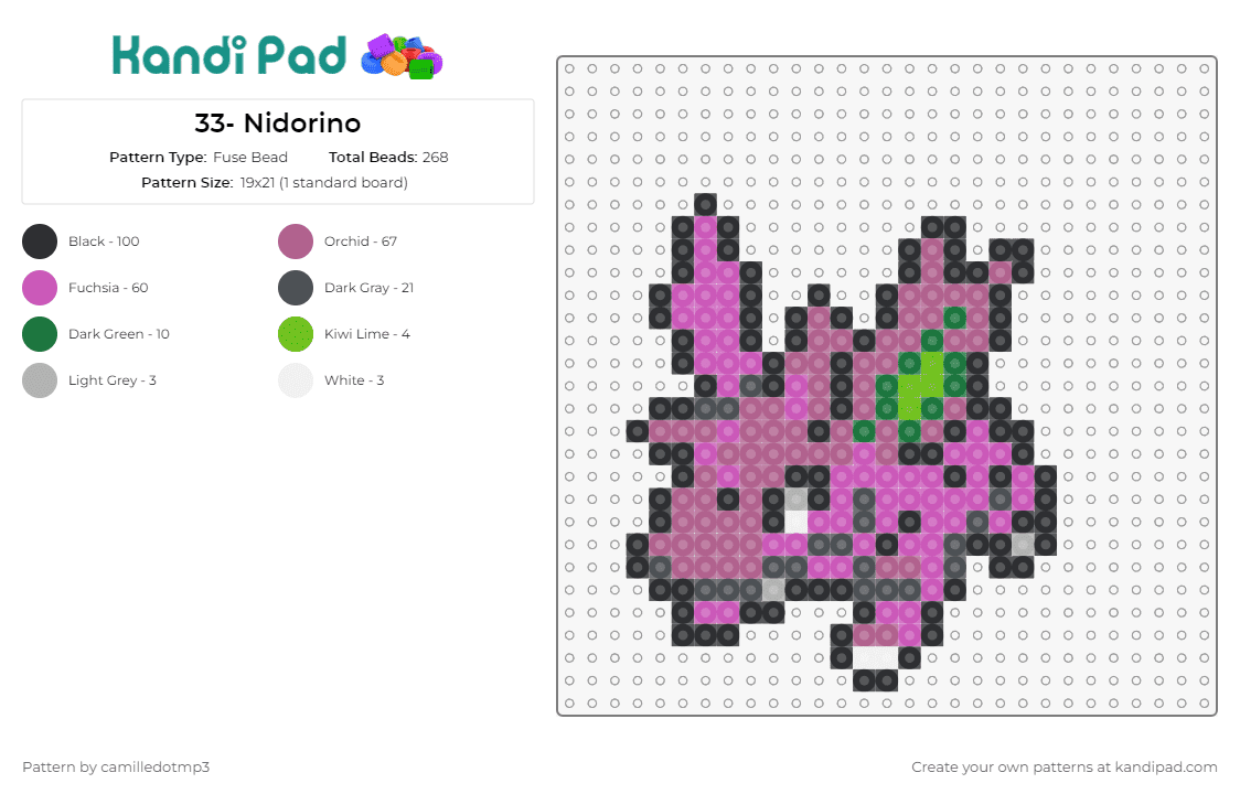 33- Nidorino - Fuse Bead Pattern by camilledotmp3 on Kandi Pad - pokemon,nidorino