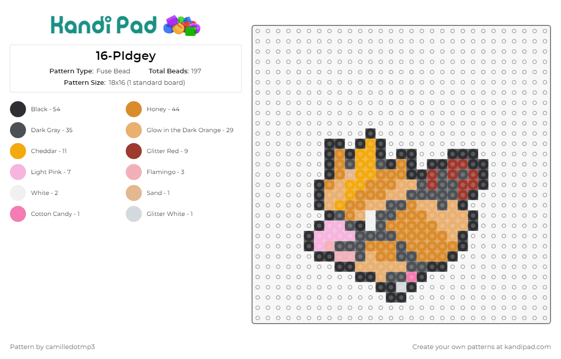 16-PIdgey - Fuse Bead Pattern by camilledotmp3 on Kandi Pad - pokemon,pidgey