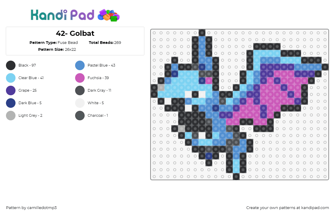 42- Golbat - Fuse Bead Pattern by camilledotmp3 on Kandi Pad - golbat,pokemon,character,gaming,blue,light blue,purple