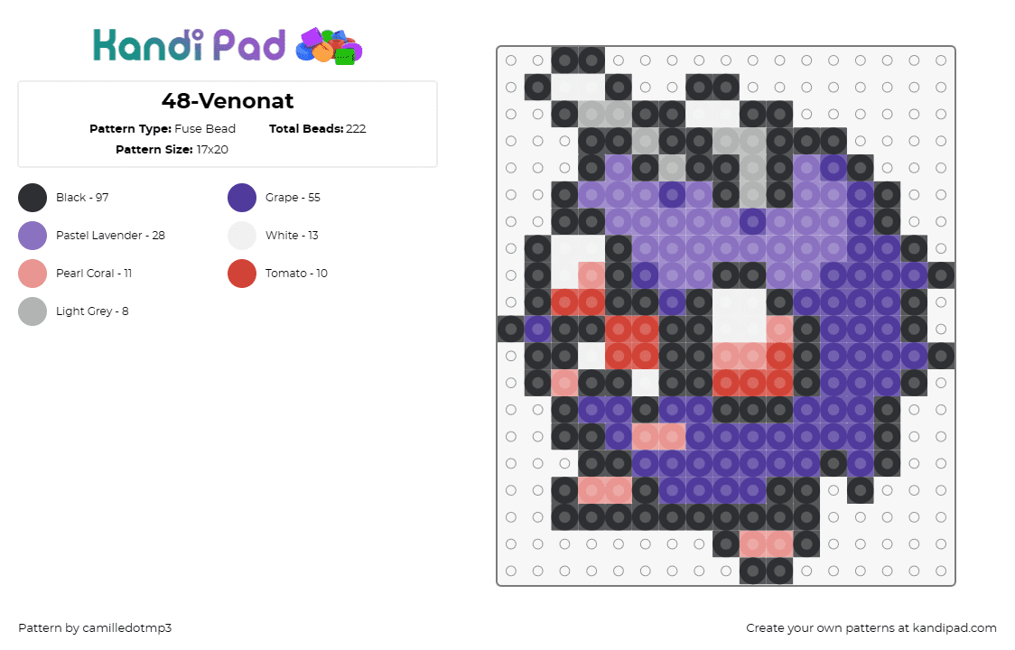 48-Venonat - Fuse Bead Pattern by camilledotmp3 on Kandi Pad - pokemon,venonat,anime,tv shows