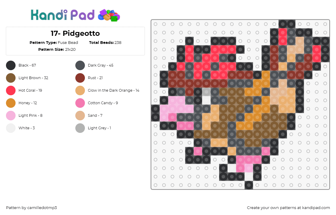 17- Pidgeotto - Fuse Bead Pattern by camilledotmp3 on Kandi Pad - pokemon,pidgeotto