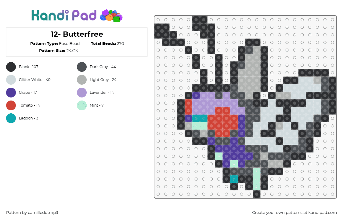 12- Butterfree - Fuse Bead Pattern by camilledotmp3 on Kandi Pad - pokemon,butterfree
