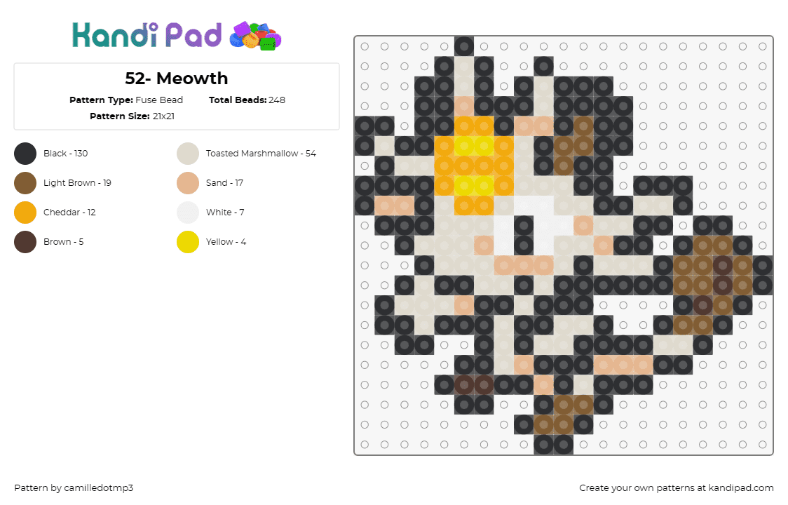 52- Meowth - Fuse Bead Pattern by camilledotmp3 on Kandi Pad - pokemon,meowth,anime,tv shows