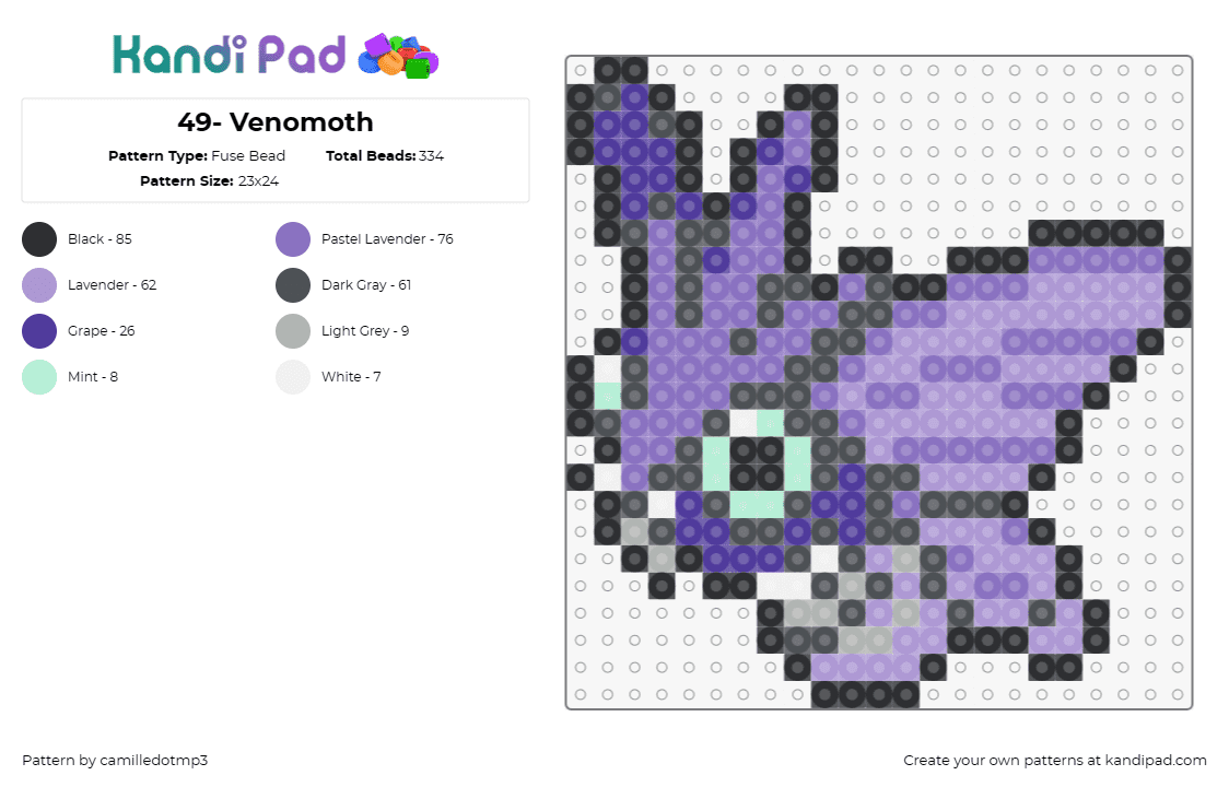 49- Venomoth - Fuse Bead Pattern by camilledotmp3 on Kandi Pad - pokemon,venomoth,anime,tv shows