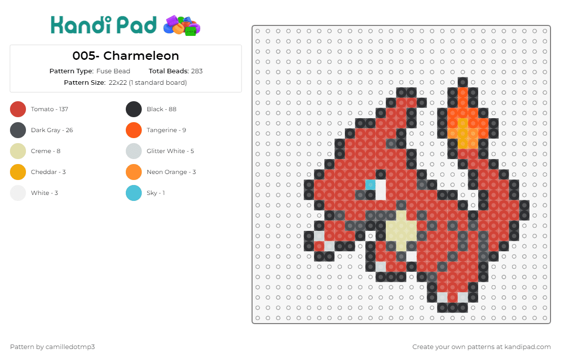 005- Charmeleon - Fuse Bead Pattern by camilledotmp3 on Kandi Pad - pokemon,charmeleon,anime,tv shows
