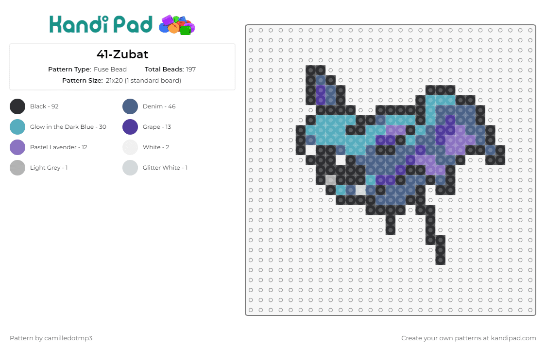 41-Zubat - Fuse Bead Pattern by camilledotmp3 on Kandi Pad - pokemon,zubat,anime,tv shows