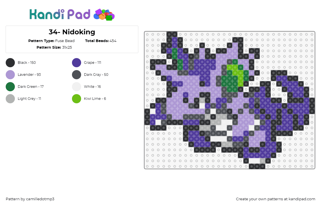 34- Nidoking - Fuse Bead Pattern by camilledotmp3 on Kandi Pad - pokemon,nidoking