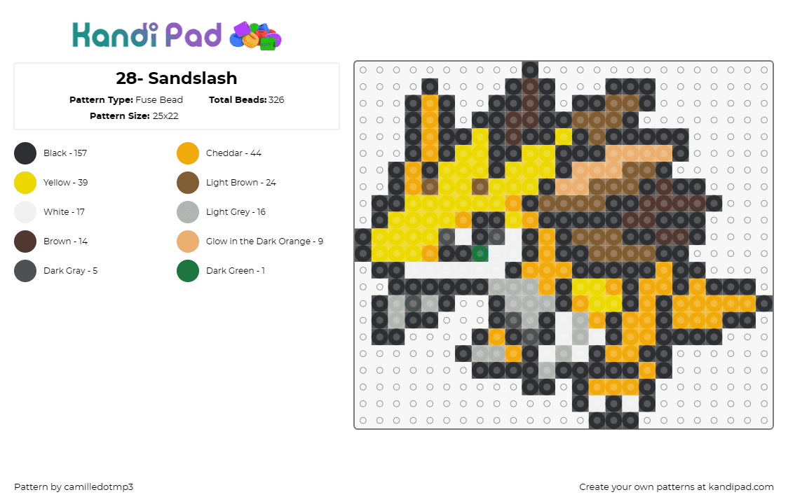 28- Sandslash - Fuse Bead Pattern by camilledotmp3 on Kandi Pad - pokemon,sandslash