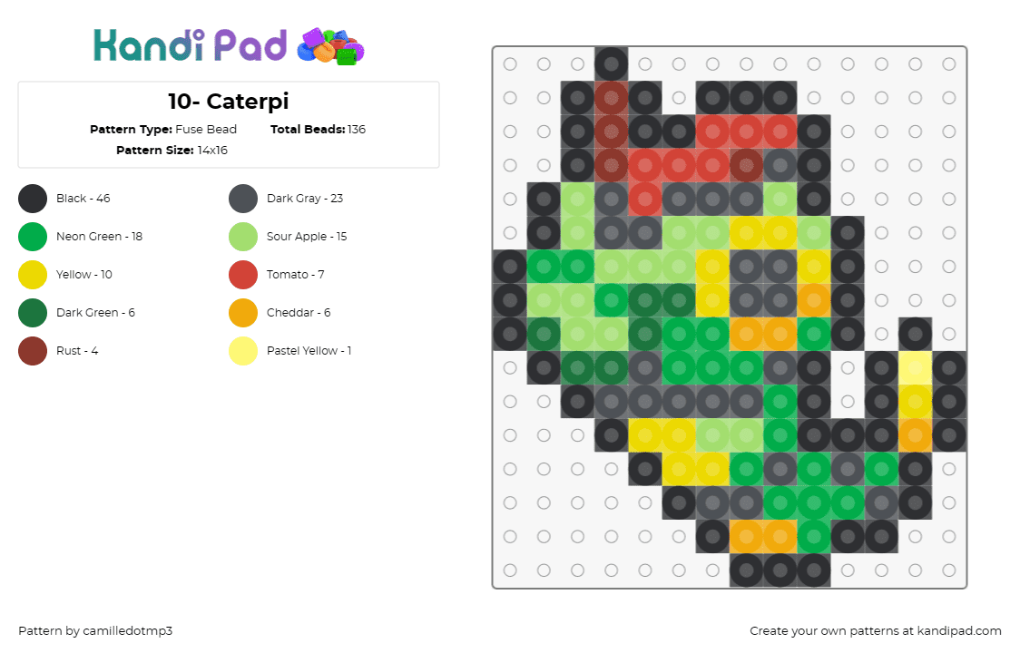 10- Caterpi - Fuse Bead Pattern by camilledotmp3 on Kandi Pad - pokemon,caterpi
