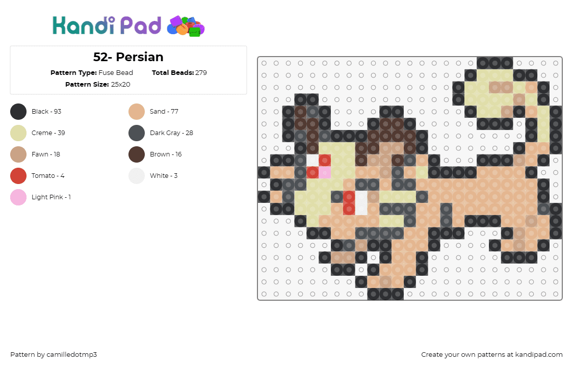 52- Persian - Fuse Bead Pattern by camilledotmp3 on Kandi Pad - persian,pokemon,cat,character,gaming,tan,beige