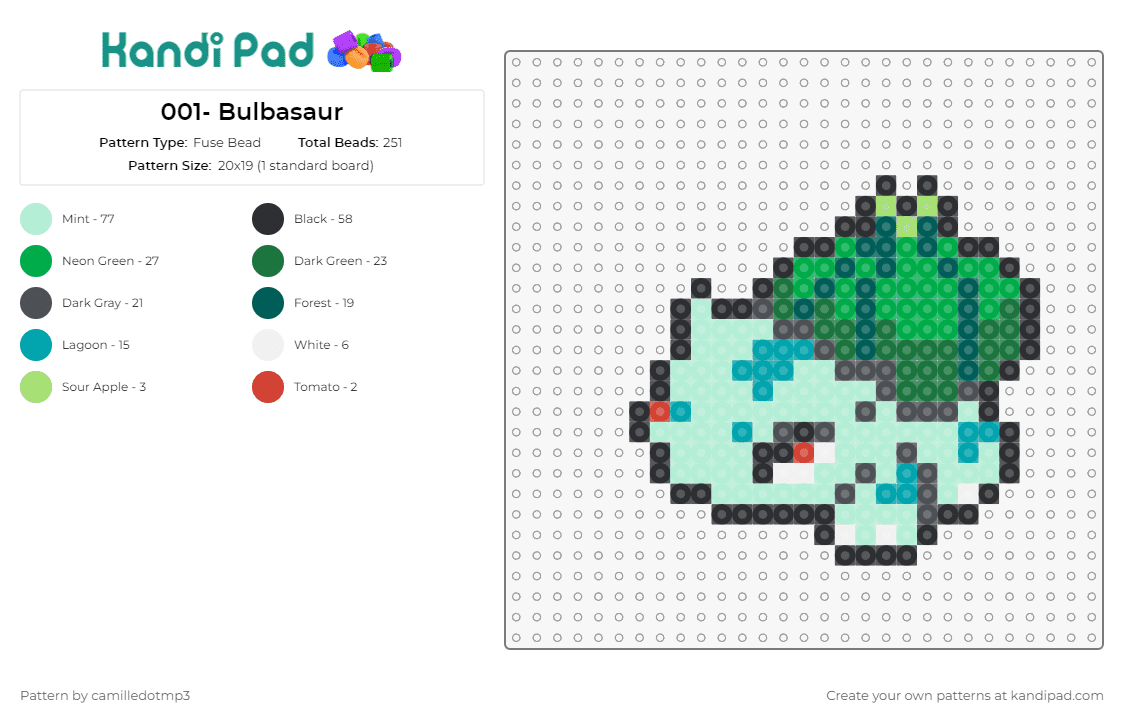 001- Bulbasaur - Fuse Bead Pattern by camilledotmp3 on Kandi Pad - pokemon,bulbasaur,anime,tv shows