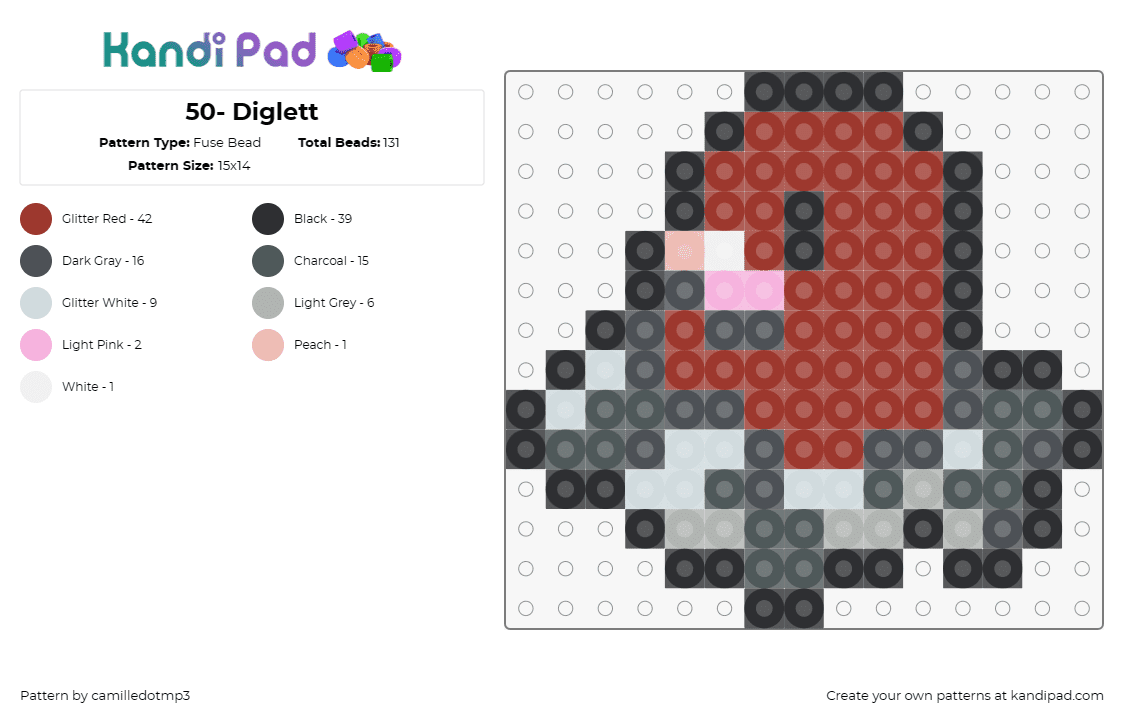 50- Diglett - Fuse Bead Pattern by camilledotmp3 on Kandi Pad - pokemon,diglett,anime,tv shows