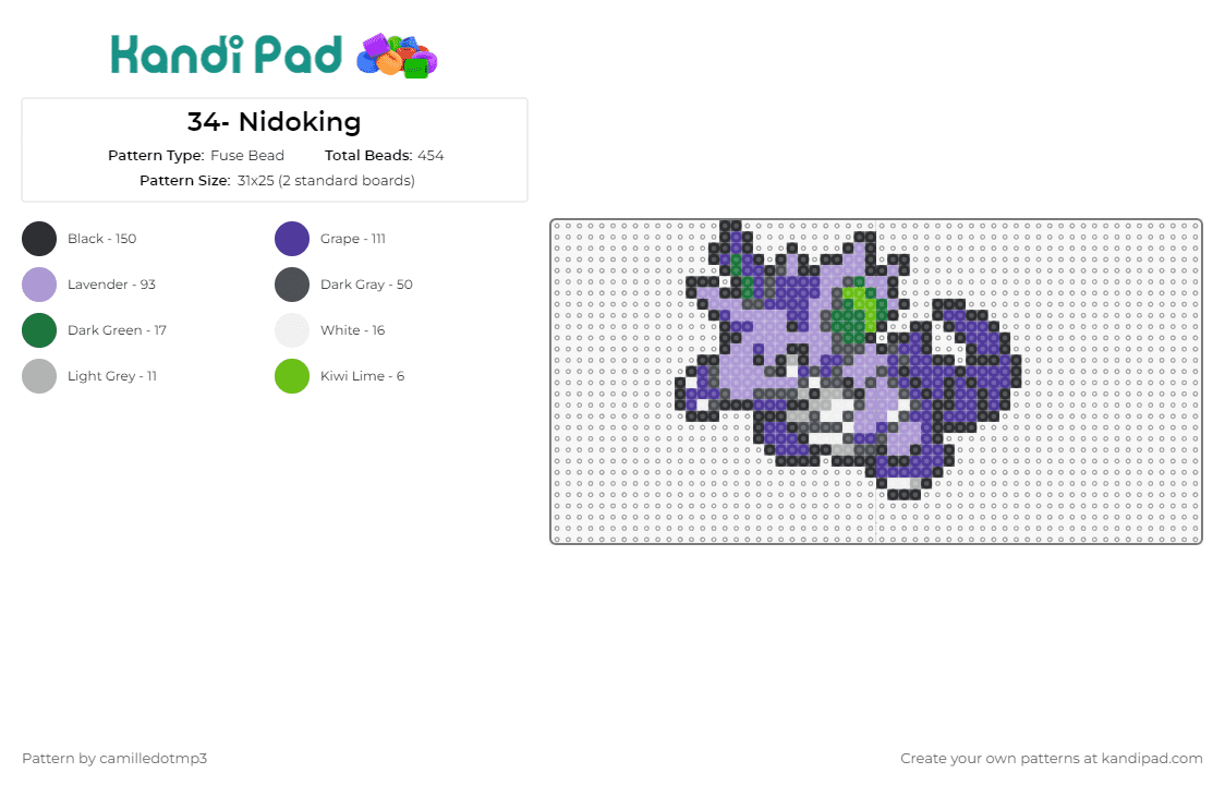 34- Nidoking - Fuse Bead Pattern by camilledotmp3 on Kandi Pad - pokemon,nidoking