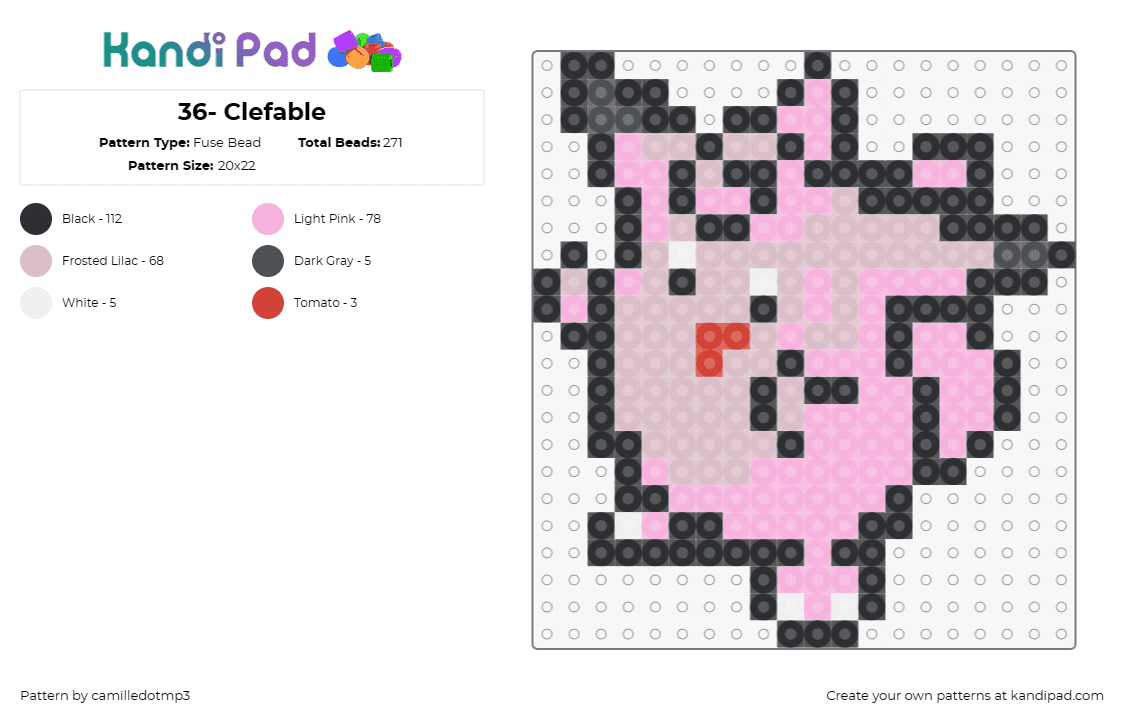 36- Clefable - Fuse Bead Pattern by camilledotmp3 on Kandi Pad - pokemon,clefable,anime,tv shows