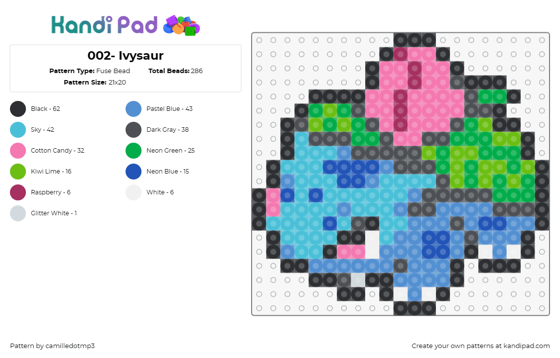 002- Ivysaur - Fuse Bead Pattern by camilledotmp3 on Kandi Pad - pokemon,ivysaur,anime,tv shows