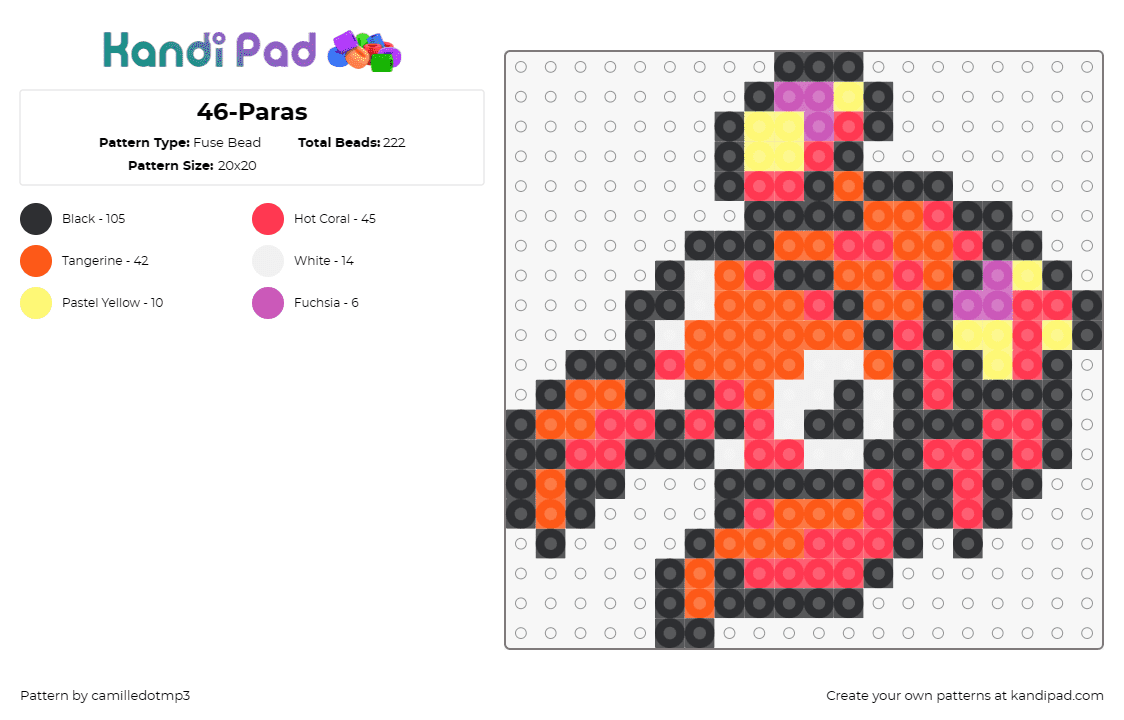 46-Paras - Fuse Bead Pattern by camilledotmp3 on Kandi Pad - pokemon,paras,anime,tv shows