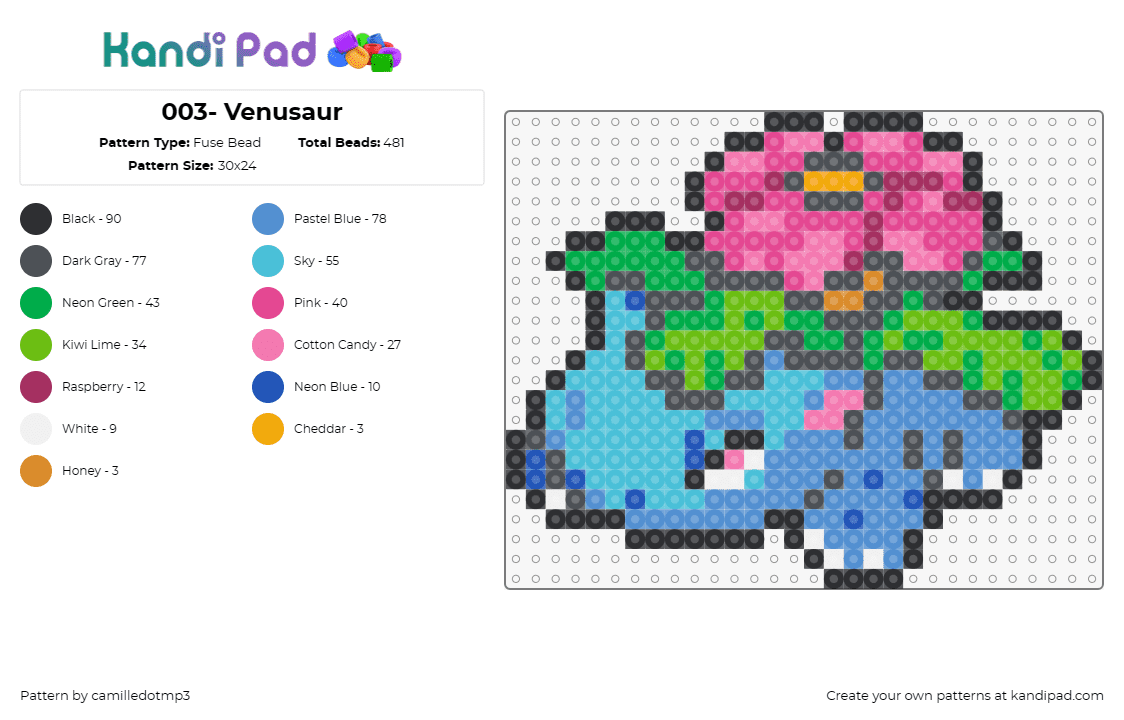 003- Venusaur - Fuse Bead Pattern by camilledotmp3 on Kandi Pad - pokemon,venusaur,anime,tv shows