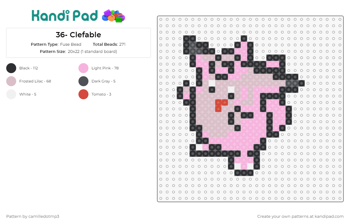 36- Clefable - Fuse Bead Pattern by camilledotmp3 on Kandi Pad - pokemon,clefable,anime,tv shows