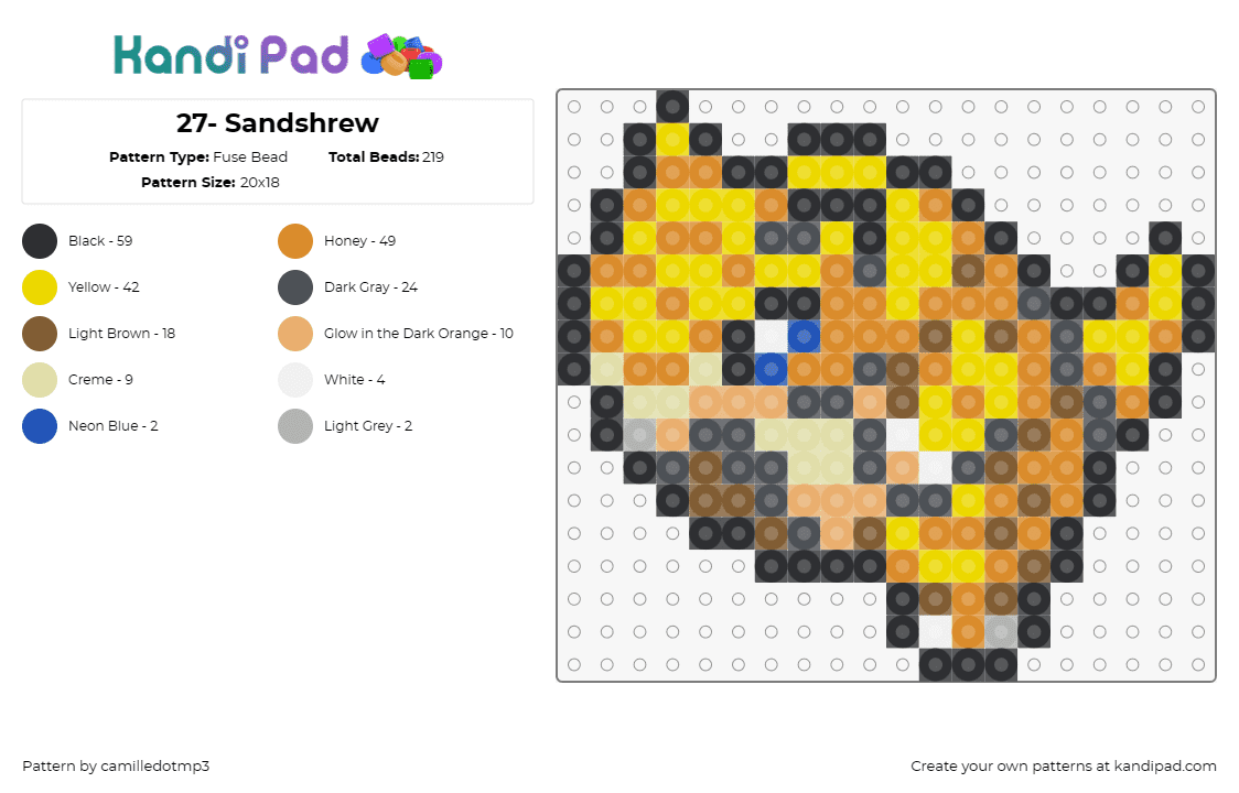27- Sandshrew - Fuse Bead Pattern by camilledotmp3 on Kandi Pad - pokemon,sandshrew