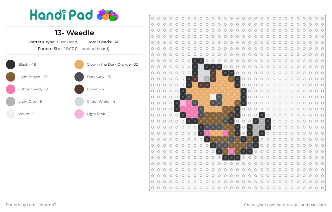 13- Weedle - Fuse Bead Pattern by camilledotmp3 on Kandi Pad - pokemon,weedle