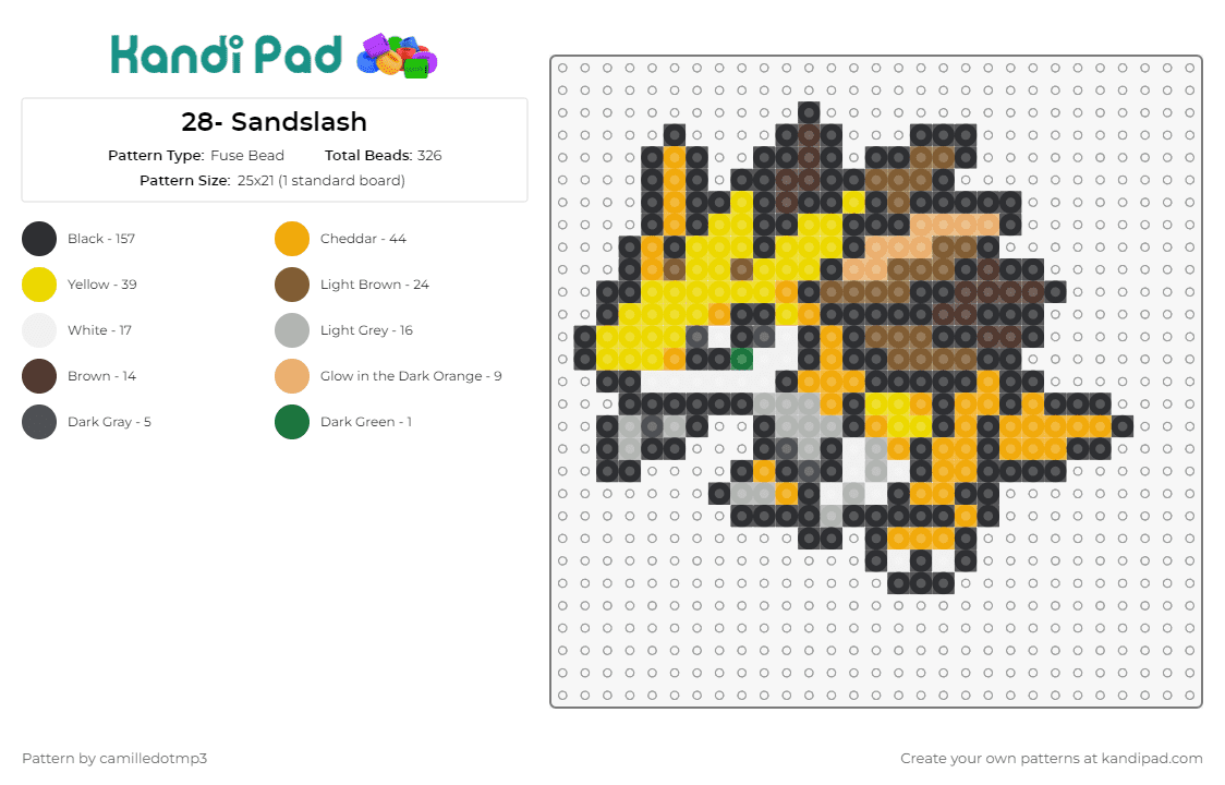 28- Sandslash - Fuse Bead Pattern by camilledotmp3 on Kandi Pad - pokemon,sandslash