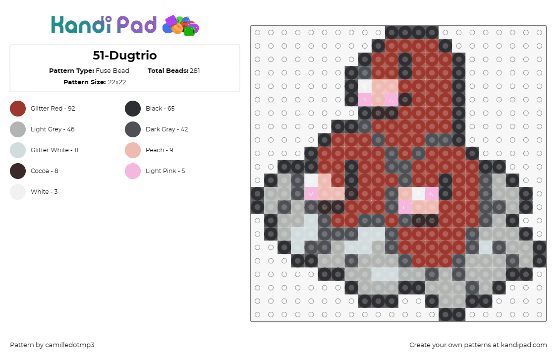 51-Dugtrio - Fuse Bead Pattern by camilledotmp3 on Kandi Pad - dugtrio,pokemon,evolution,diglet,character,gaming,red,brown,gray