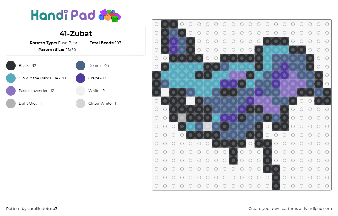 41-Zubat - Fuse Bead Pattern by camilledotmp3 on Kandi Pad - pokemon,zubat,anime,tv shows