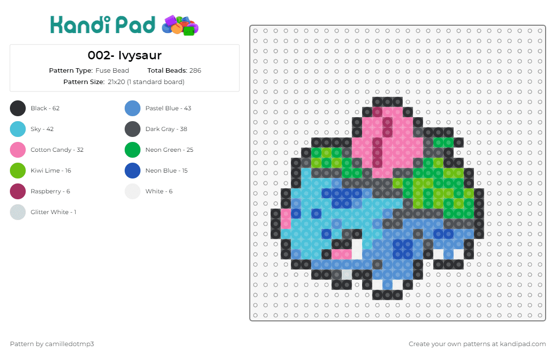 002- Ivysaur - Fuse Bead Pattern by camilledotmp3 on Kandi Pad - pokemon,ivysaur,anime,tv shows