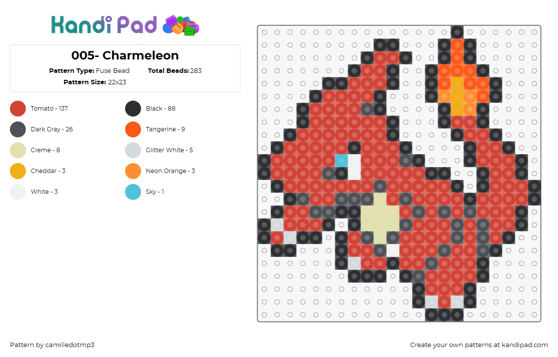 005- Charmeleon - Fuse Bead Pattern by camilledotmp3 on Kandi Pad - pokemon,charmeleon,anime,tv shows