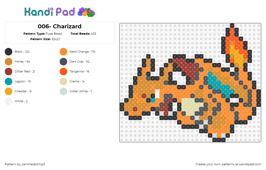 006- Charizard - Fuse Bead Pattern by camilledotmp3 on Kandi Pad - pokemon,charizard