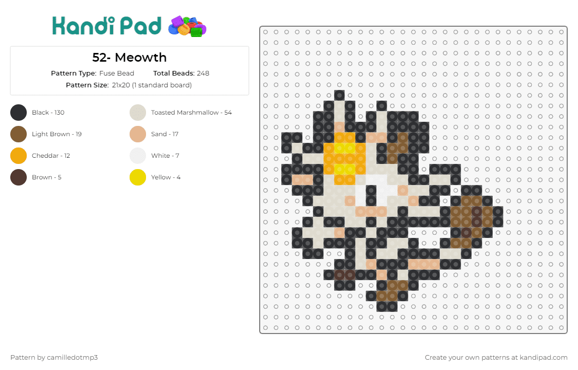 52- Meowth - Fuse Bead Pattern by camilledotmp3 on Kandi Pad - pokemon,meowth,anime,tv shows