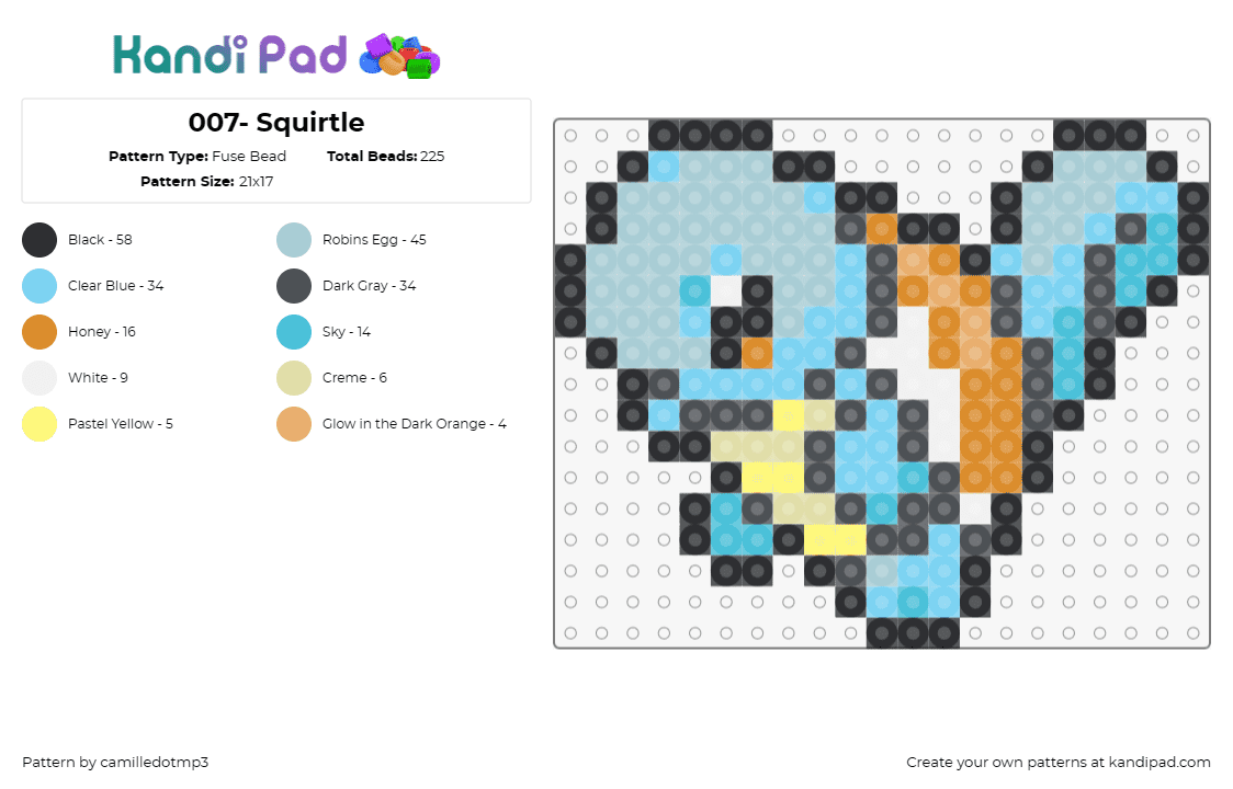 007- Squirtle - Fuse Bead Pattern by camilledotmp3 on Kandi Pad - pokemon,squirtle