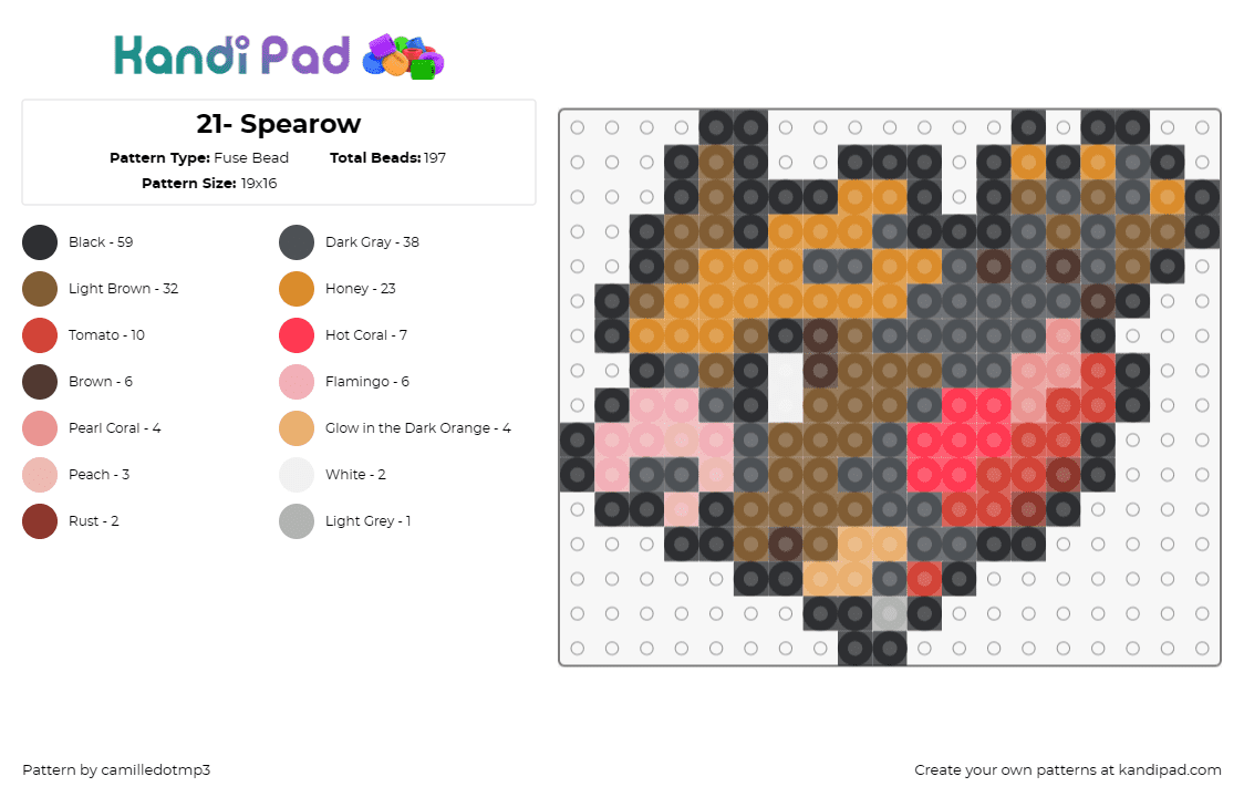 21- Spearow - Fuse Bead Pattern by camilledotmp3 on Kandi Pad - pokemon,spearow