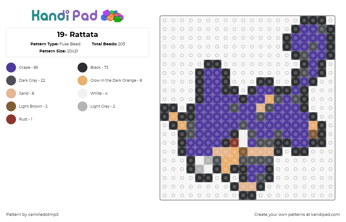 19- Rattata - Fuse Bead Pattern by camilledotmp3 on Kandi Pad - pokemon,rattata