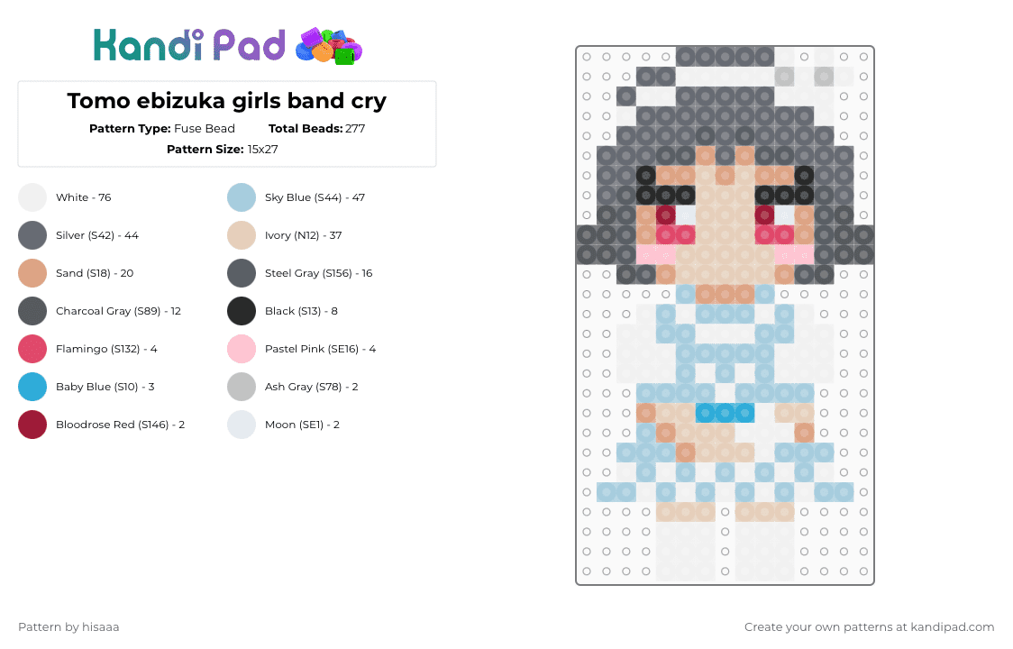 ♬⋆.˚ Tomo ebizuka girls band cry - Fuse Bead Pattern by hisaaa on Kandi Pad - gray,beige,light blue,girlsbandcry,tomo ebizuka,gbc,anime,band,togenashi togeari