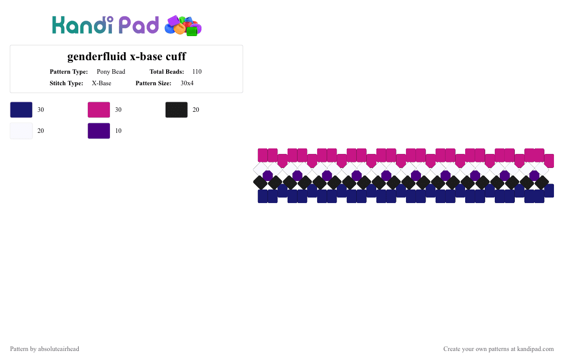 genderfluid x-base cuff - Pony Bead Pattern by absoluteairhead on Kandi Pad - cuff, gay, genderfluid, pink, pride, purple, queer, transgender, x base, xbase