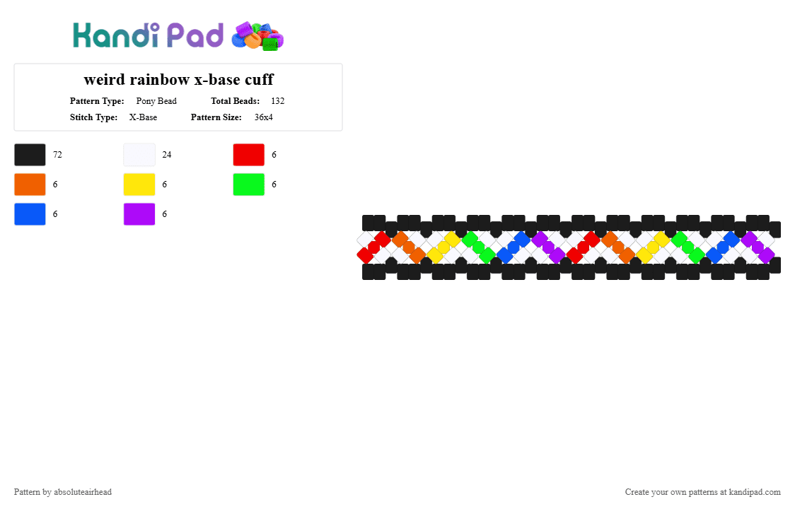weird rainbow x-base cuff - Pony Bead Pattern by absoluteairhead on Kandi Pad - black,white,orange,green,purple,colorful,rainbow,pride,gay,cuff,x base,xbase,x base cuff,xbase cuff
