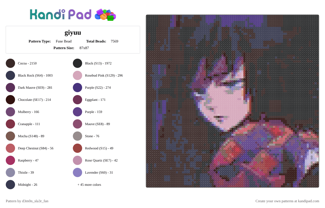 giyuu - Fuse Bead Pattern by -wagaw- on Kandi Pad - brown,purple,pink