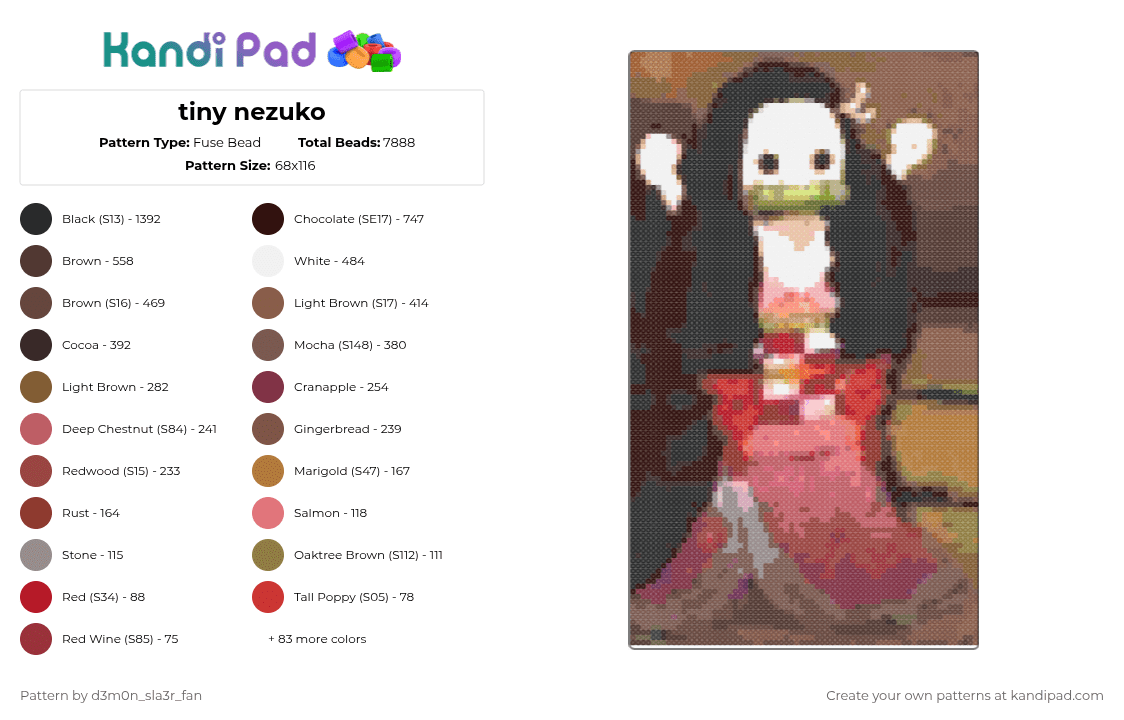 tiny nezuko - Fuse Bead Pattern by -wagaw- on Kandi Pad - tan,brown,red