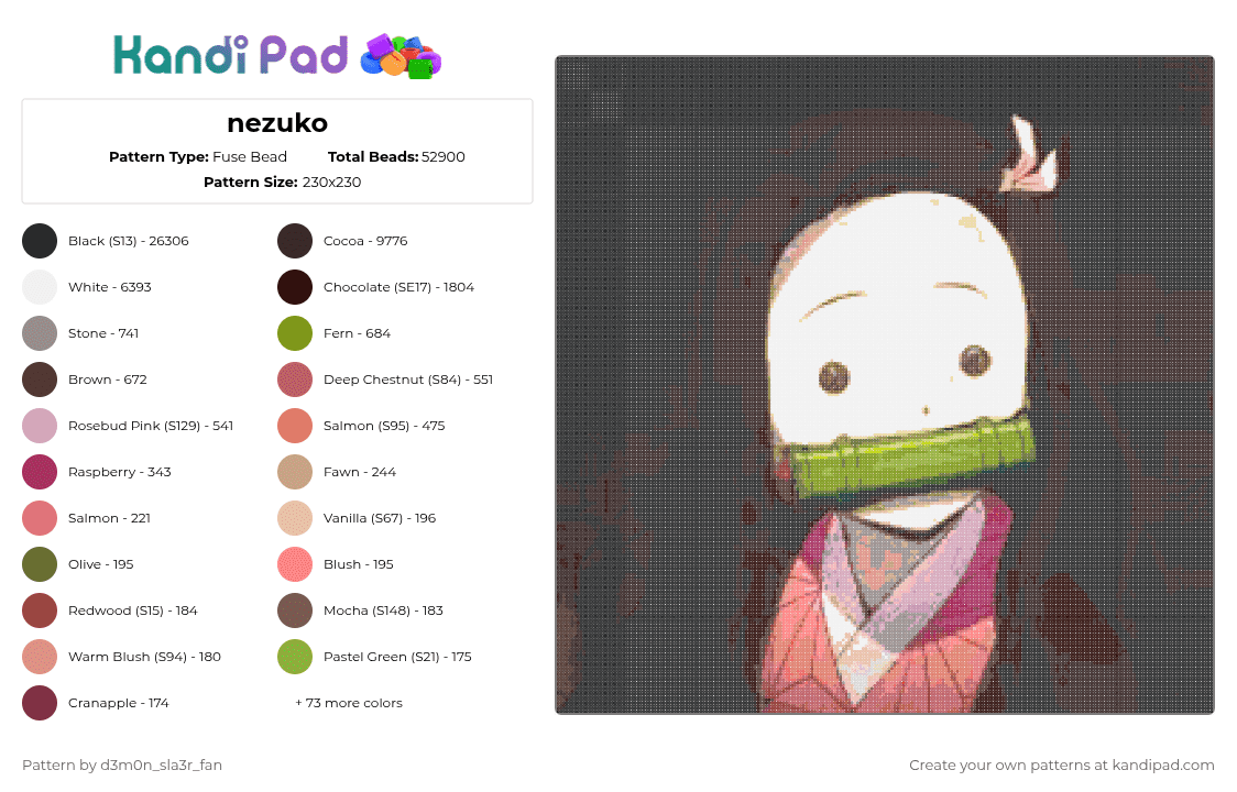 nezuko - Fuse Bead Pattern by -wagaw- on Kandi Pad - black,brown