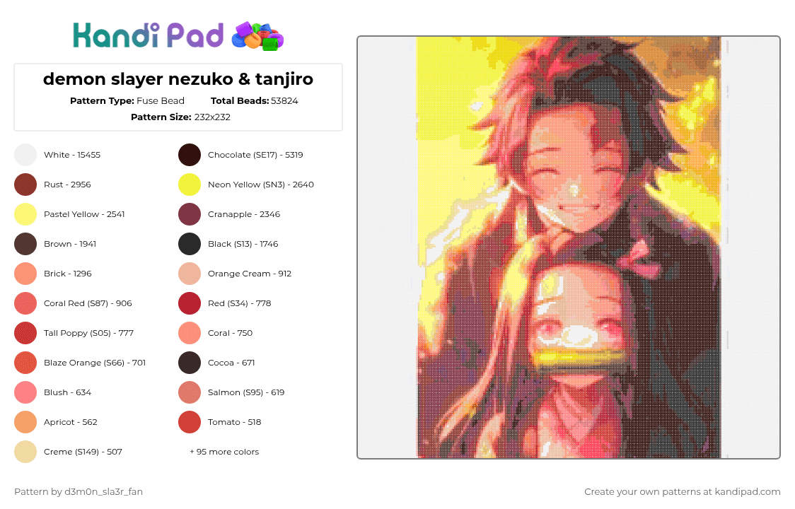 demon slayer nezuko & tanjiro - Fuse Bead Pattern by -wagaw- on Kandi Pad - yellow,orange,red,brown