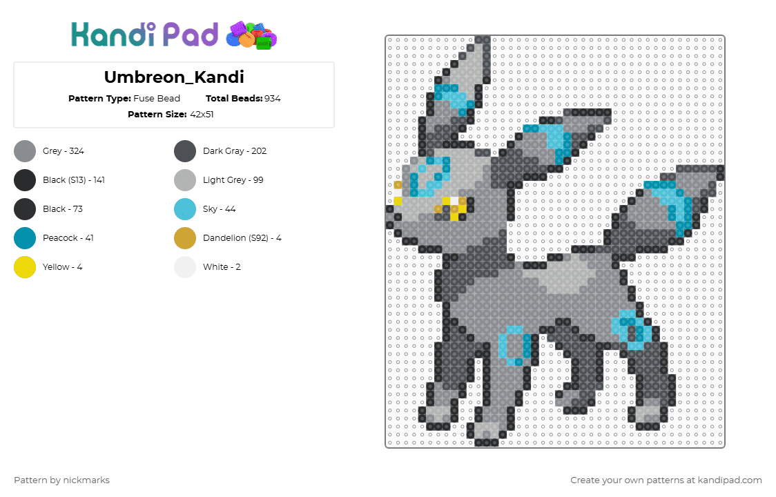Umbreon_Kandi - Fuse Bead Pattern by nickmarks on Kandi Pad - gray