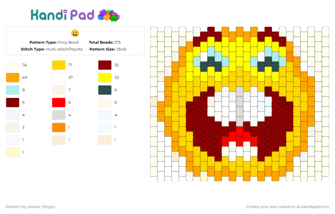 😀 - Pony Bead Pattern by coralzz_fangzz on Kandi Pad - white,red,orange,yellow,cotdaprilfoolsday2026,silly,goofy,hjasfdkl