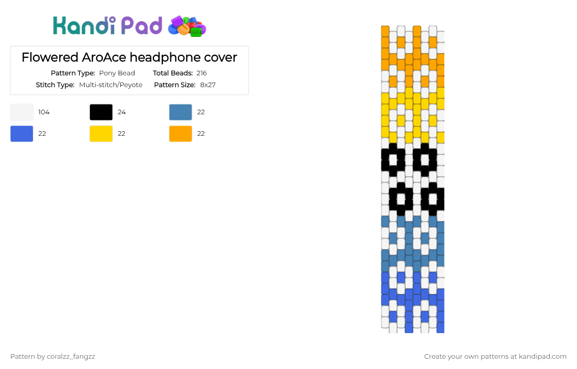 Flowered AroAce headphone cover - Pony Bead Pattern by coralzz_fangzz on Kandi Pad - blue, white