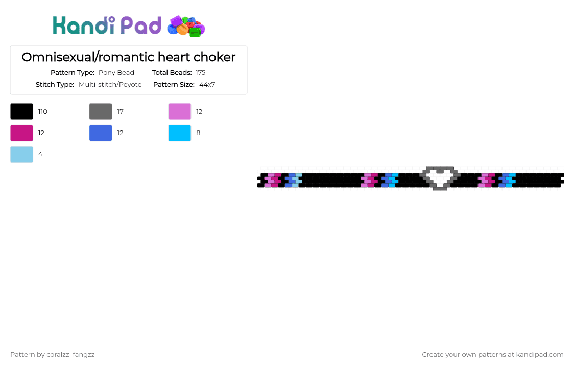 Omnisexual/romantic heart choker - Pony Bead Pattern by coralzz_fangzz on Kandi Pad - black, gray, pink